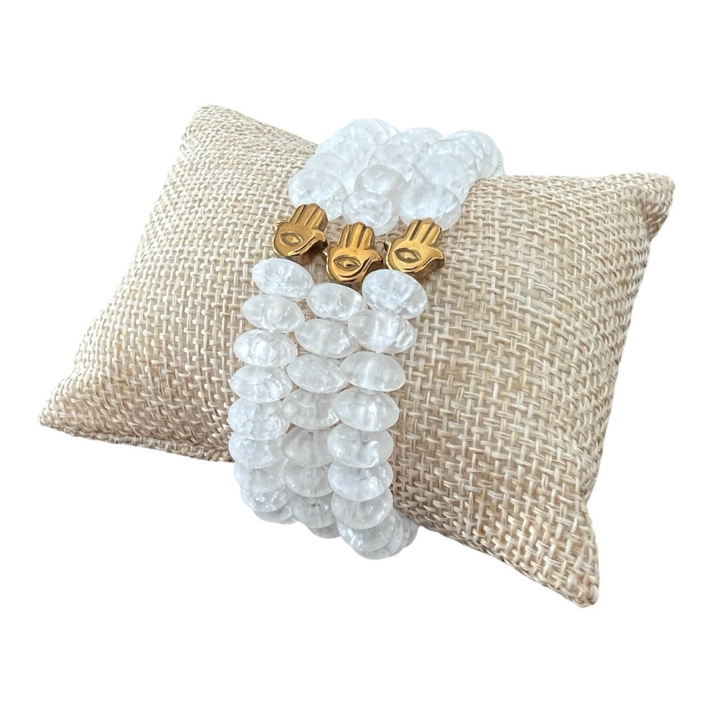 White Quartz and Hematite Beaded Bracelet with Hamsa Hand Set of 3 - Picture 3 of 4